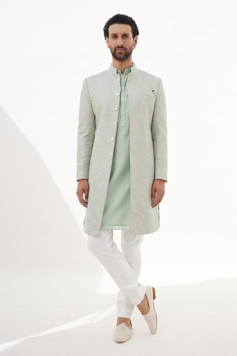 Green Banarasi Silk Scalloped Double Wave Zari Hand Embroidered Achkan Set Plain Kurta, Mens Party Wear, Scallop Pattern, Sherwani For Men, Straight Fit Pants, Indian Groom, Zari Work, Kurta With Pants, Fashion App