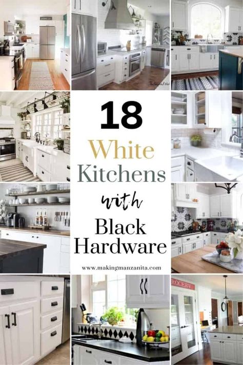 Kitchens With Black Hardware, White Kitchen Black Hardware, Kitchen Black Hardware, Black Kitchen Knobs, Gold Kitchen Hardware, Kitchen Cabinets Knobs And Pulls, White Kitchen Makeover, Gorgeous White Kitchen, Modern Farmhouse Kitchen Cabinets