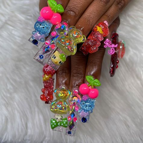 Bright Colored Nails, Bday Nails, Crazy Nail Designs, Kawaii Nail Art, Feather Nails, Junk Nails, Nail Charm, Bears Nails, Clear Nail