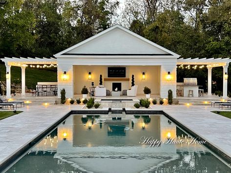 Pool House Reveal - Happy Haute Home - Happy Haute Home Pool House Open Air, Unique Pool House Ideas, Pool House Covered Patio, Pool Cabana With Pergola, Backyard Pool House Cabanas, Modern Farmhouse Backyard With Pool, Black And White Pool House, Small Pool With Pool House, Pool House With Screened In Porch