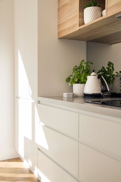 Timber Overhead Cupboards Kitchen, Overhead Cupboards Kitchen, Concrete Benchtop Kitchen, Polytec Kitchen, White And Timber Kitchen, White Kitchen Drawers, White Handleless Kitchen, Concrete Benchtop, Concrete Benches