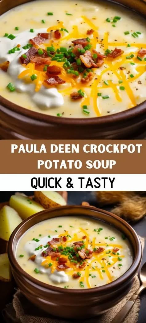 Looking for the perfect comfort food? look no further than Paula deen crockpot potato soup recipe. Paula Dean Potato Soup, Paula Deen Potato Soup, Potato Soup Crockpot Recipes, Crockpot Potato Soup, Crockpot Potato, Slow Cooker Potato Soup, Slow Cooker Potatoes, Crock Pot Potatoes, Potato Soup Crock Pot