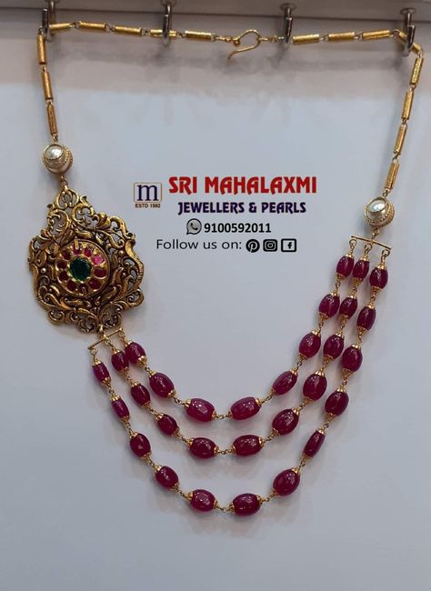 Ruby Jewelry Necklaces, Gold Pearl Jewelry, Pearl Jewelry Design, Pearl Necklace Designs, Gold Necklace Indian Bridal Jewelry, Beaded Necklace Designs, Antique Bridal Jewelry, Gold Pendant Jewelry, Antique Gold Jewelry