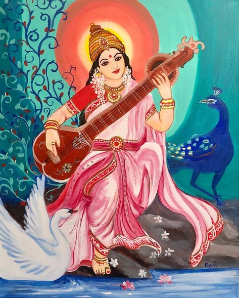 Saraswati Art, Goddess Of Knowledge, Maa Saraswati, Goddess Saraswati, Painting In Acrylic, Krishna Radha Painting, The Goddess, Art Music, Abstract Floral