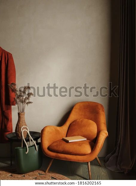 Home Interior Modern Dark Living Room Stock Illustration 1816202165 Orange Armchair, Armchair Bedroom, Art Deco Wall Art, Dark Living Rooms, Amedeo Modigliani, Above Bed Decor, Rustic Bedroom, Wooden Art, Mid Century House