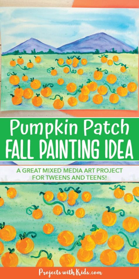 Engage young artists with a fun and colorful pumpkin patch art project using watercolors and acrylic paint. A great mixed media art activity for tweens and teens with step by step instructions! Fun Painting Techniques, Pumpkin Patch Painting, Pumpkin Patch Art, Pumpkin Art Project, Pumpkin Patch Kids, Art School Kids, Halloween Arts, Mixed Media Art Projects, October Art