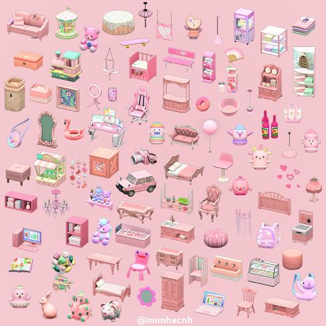 Acnh Pink Furniture, Pink Acnh Island Entrance, Anch Ideas, Goth Fairy Core, Kawaii Island, Animal Crossing Town Tune, Acnh Items, Pastel Kidcore, Pink Island