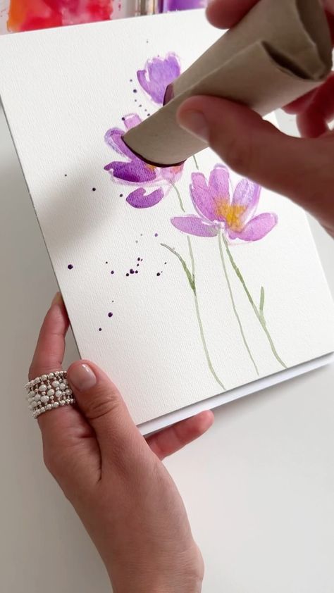 Anna Koliadych | Fun and easy way to paint flowers with watercolor 💜—just pure joy 🎨👌🏻 #watercolor #watercolorillustration #watercolorprocess… | Instagram Painting With Fingerprints, Angel Watercolor Paintings Easy, Watercolor Diy Tutorials, Easy Diy Watercolor Cards, Painting Cards Ideas, Diy Cards Watercolor, Watercolor Art For Beginners Tutorial, Pastel Watercolor Art, Watercolor Get Well Cards