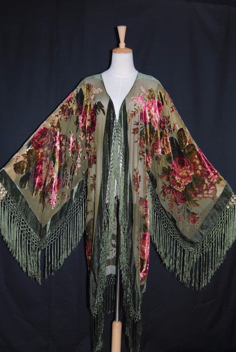 Velvet Fringe Kimono, Velvet Fringe, Green Kimono, Opera Coat, Sheer Jacket, Velvet Kimono, Fringe Kimono, Burnout Velvet, Velvet Coat