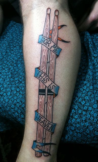 Tattoo<3 For Me This Is Heaven By Carlos Rojas at Goldfields Tattoo in San Francisco.?This shows my love for drumming and Jimmy Eat World.?? Tattoo~ Drum Stick Tattoo, Drummer Tattoo, Drum Tattoo, Stick Tattoo, Memorial Tattoo, Music Tattoo, Memorial Tattoos, Music Tattoos, A Tattoo