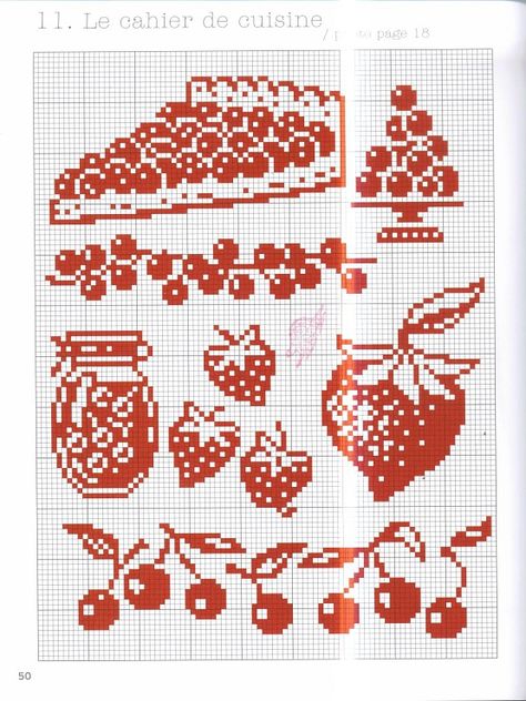 Red Cross Stitch, Cross Stitch Fruit, Cross Stitch Kitchen, Tapestry Crochet Patterns, Cross Stitch Love, Crochet Design Pattern, Pola Kristik, Diy Cross Stitch, Crochet Cross