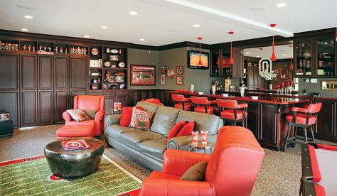 Theater room design pays tribute to Ohio State #gobucks #ohiostate Ohio State Rooms, Room Theater, Basement Home Theater, Theater Furniture, Theater Room Design, Man Cave Home Bar, Small Basements, Home Theater Rooms, Home Theater Design