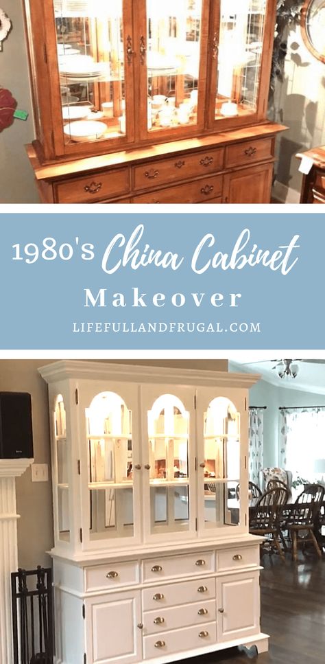 1980's China Cabinet Makeover - Life Full and Frugal Mirrored China Cabinet Makeover, Dining Room Inspiration With China Cabinet, Two Piece China Cabinet Makeover, White Wash China Cabinet, China Cabinet Transformation, China Cabinet Pantry Ideas, Queen Anne China Cabinet Makeover, Dining Room With China Cabinet Ideas, Cherry China Cabinet Makeover