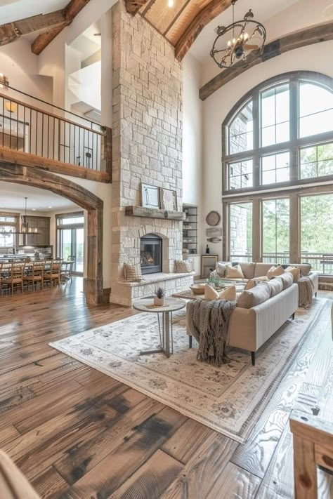 Hearth Room Ideas, Tall Windows Living Room High Ceilings, Large Open Living Room Layout, Living Room With Vaulted Ceiling, Luxury Home Design, Barn Style House Plans, Dream Life House, Casas Coloniales, Log Cabin Homes