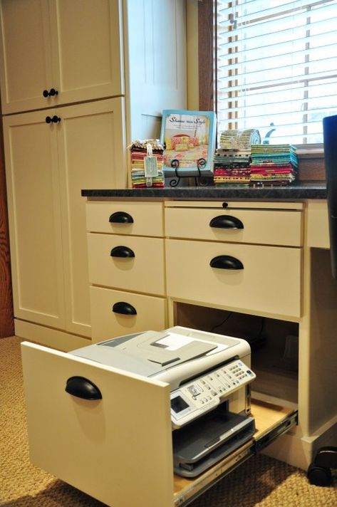 Heather Mulder Peterson's mom's sewing room.  Why waste counter space when you can put your printer in a drawer?!? Hide Printer, Hidden Printer, Desk Cabinets, Printer Drawer, Drawer Ideas, Sewing Gadgets, Cabinet Construction, Printer Storage, Printer Cabinet