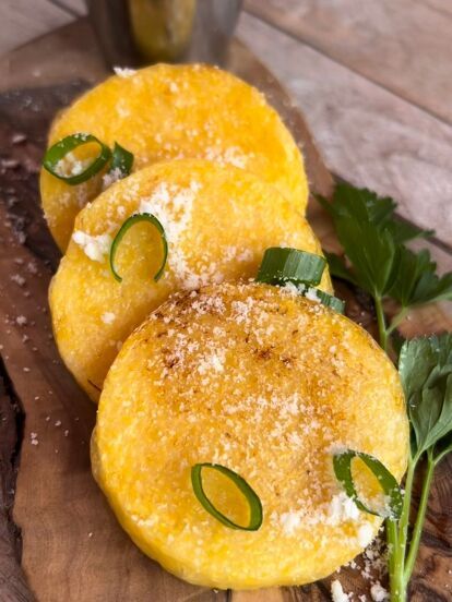 Tube Polenta Recipe, Baked Polenta Rounds, Air Fryer Polenta, Fried Polenta Recipes, Polenta Recipe, Baked Polenta, Sweet Potato Fritters, Polenta Fries, How To Cook Polenta