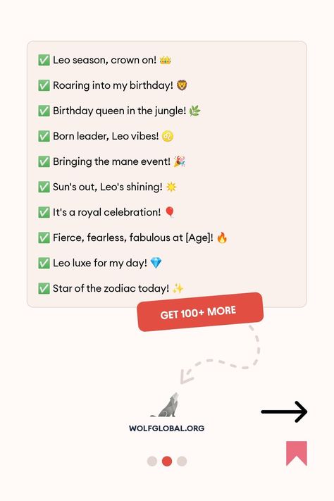 Graphic with text "Leo Birthday Captions for Instagram" featuring an older woman in a crown yelling.
Graphic with checklist of Leo-themed birthday celebration statements and a "Get 100+ More" button, branding at bottom.
A joyful woman with a laptop surrounded by social media icons, advertising a free engagement pod service. Leo Bio Ideas, Leo Captions For Instagram, Birthday Month Captions For Instagram, Leo Short Quotes, Leo Birthday Captions, Birthday Month Captions, Leo Month, One Word Caption, Birthday Captions Instagram