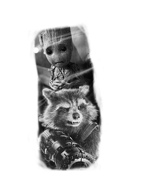 Marvel Tattoos Black And White, Guardians Of The Galaxy Tattoo Ideas, Groot And Rocket Tattoo, Rocket Tattoo Guardians Of The Galaxy, Marvel Tattoo Design, Marvel Tattoos For Men, Rocket Raccoon Tattoo, Complex Tattoos, Guardians Of The Galaxy Tattoo