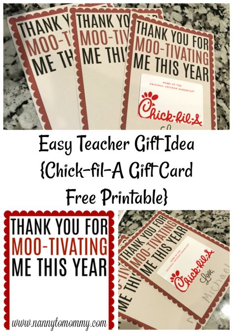 Easy Teacher Gift Idea {Chick-fil-A Gift Card FREE Printable} Teacher Appreciation Gifts Printables, Teacher Appreciation Gift Card, Easy Teacher Gifts, Teacher Appreciation Printables, Teacher Gift Card, Cars Ideas, Appreciation Printable, Teachers Diy, Diy Teacher Gifts