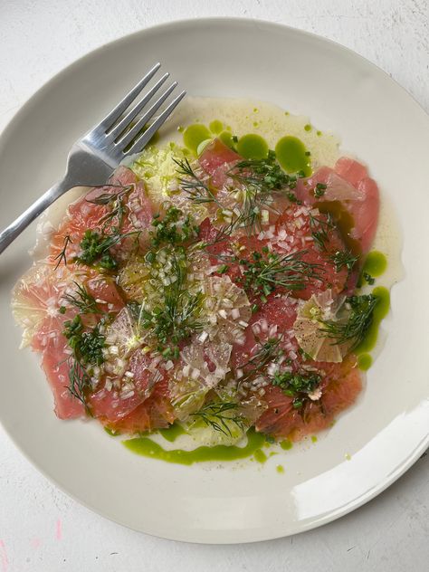 Crudo Recipe, Tuna Crudo, Seafood Dinner Party, Tuna Sashimi, Fresh Tuna, Yellowfin Tuna, Summer Dinner, The Dinner, Fish Dishes