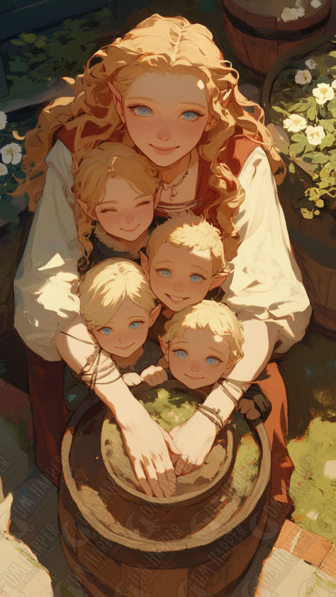 Fantasy Grandma, Herbalist Character Design, Herbalist Character, Mother Character Design, Child Character Art, Anime Mother, Mom Characters, Elf Family, Mother Of Four