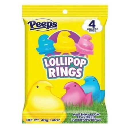 Peeps 4pk Lollipop Rings are a great basket stuffer item! Each bag comes with 4 lollipop rings flavored like marshmallows and shaped like a Peeps Chick. Great Easter basket stuffer. Size: 1 Bag.  Color: Multicolor. Easter Egg Hunt Prizes, Easter Fundraiser, Peeps Flavors, Squishy Ideas, Lollipop Ring, Peeps Candy, Easter Marshmallow, Paper Squishy, Traditional Easter