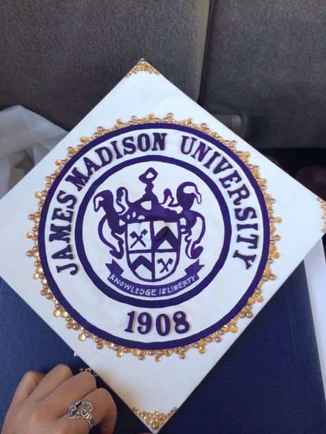 JMU graduation cap Jmu Graduation Cap, Jmu Aesthetic, Jmu Dukes, Graduation Regalia, Grad Cap Ideas, Graduation Songs, Graduation Hats, Mortar Board, Cap Graduation