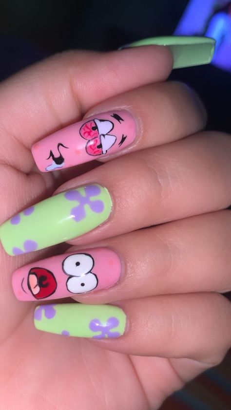 I am a self-taught nail artist from Bulgaria, who loves unusual nail designs. All of the designs are done by me on my own nails. Each of them took me at least 2 hours to finish. I paint well-known characters from the cartoons of your childhood, logos of different brands, parts of TV series and games on my nails. I hope you like them! Powerpuff Nails Acrylic, Cartoon Press On Nails, Crazy Acrylic Nails Designs Art Ideas, Simple Cartoon Nail Designs, Spongebob And Patrick Nails, Patrick Star Nails, Power Puff Nails, Spongebob Nails Designs, Watermelon Nails Design