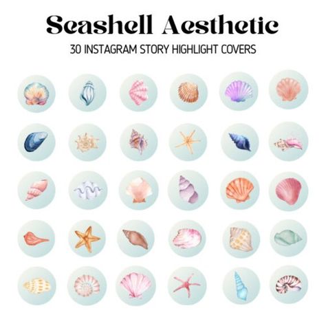 30 Seashell Beach Aesthetic Instagram Highlight Covers ~ These watercolour seashell instagram highlight covers are perfect for styling your instagram profile. Not only do they add a finished look, they create an artistic, refined style that will complete your profile. Choose from 30 different seashell looks, like pink, blue, soft green or beige and more. Use as many as you need and add as you grow. These are perfect for a personal profile, business or just to add that aesthetic touch to your bra Seashell Aesthetic, Aesthetic Highlight Covers, Beach Highlights, Ig Icons Highlights Aesthetic, Instagram Covers, Seashell Beach, Beach Shells, Instagram Highlight Covers, Digital Business Card