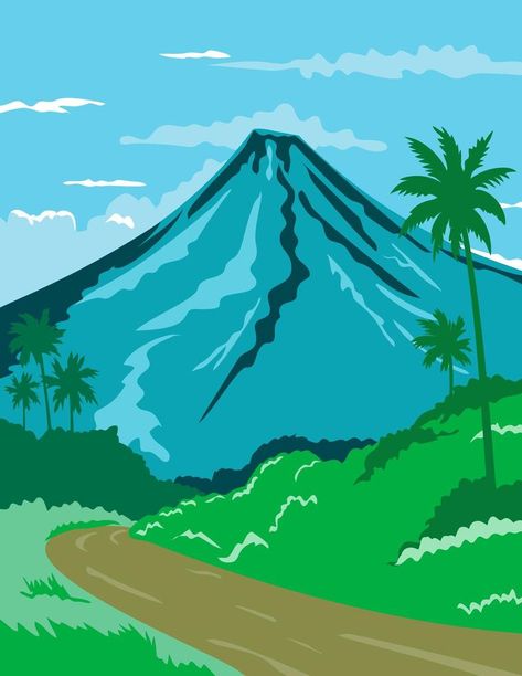 Volcano in Philippines Poster Art Philippine Poster Design, Mount Wallpaper, Nationalism Poster Philippines, Volcano In Philippines, Philippine Culture Poster, Poster About Culture In The Philippines, Mount Mayon, Philippines Volcano, Filipino National Artist Poster