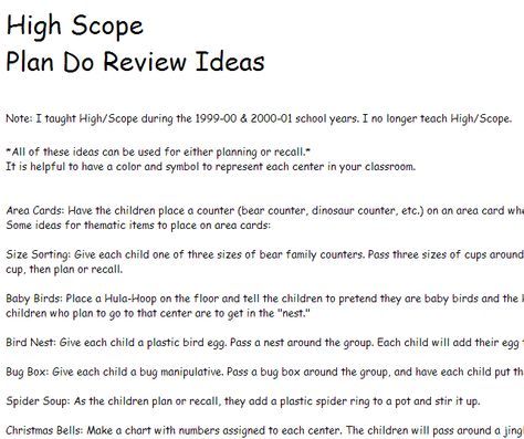 High Scope Plan Do Review Ideas from prekinders.com High Scope Curriculum Preschool, Letter Links High Scope, High Scope Lesson Plans For Preschool, High Scope Classroom Set Up, High Scope Preschool, High Scope Curriculum, Plan Do Review, Preschool Interior, High Scope