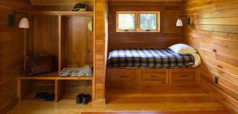 Trout Fishing Cabin - SALA Architects Cabin Bunk Beds, Cabin Storage, Sleeping Nook, Cabin Loft, Pattern Language, Fishing Cabin, Rustic Porch, Ski House, Rustic Fireplaces