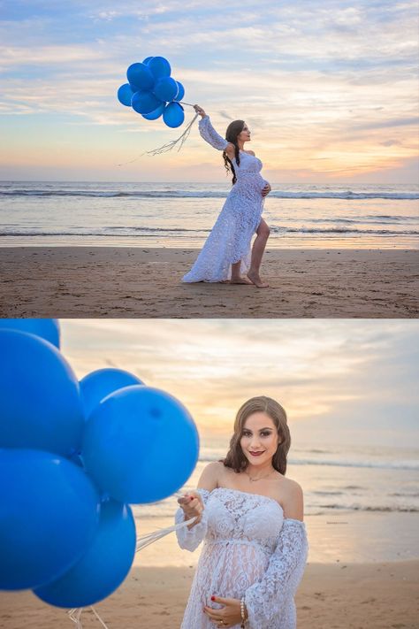 maternity photo at the beach. blue baloons at sunset. pregnancy photo shoot in Mazatlan Mexico Pregnancy Photoshoot Beach, Gender Reveal Photo Shoot, Vom Avea Un Copil, Couple Maternity Poses, Maternity Gown Photography, Cute Pregnancy Photos, Maternity Studio Photoshoot, Maternity Photography Beach, Maternity Photography Poses Outdoors