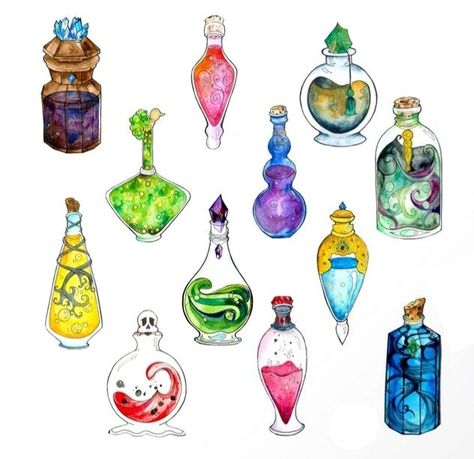 Potion Bottle Painting, Witch Potion Bottles Drawing, Potion Bottle Tattoo Design, Potion Bottle Illustration, Potion Bottle Art, Bottle Drawing, Bottle Tattoo, Potion Bottles, Potion Bottle