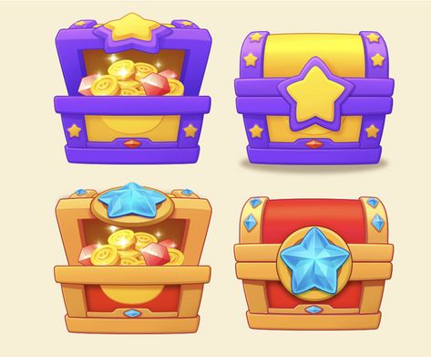 Chest Game Art, Puzzle Game Ui, Treasure Games, Game Gem, Coin Games, Badge Icon, Game Gui, Box Icon, Casual Art