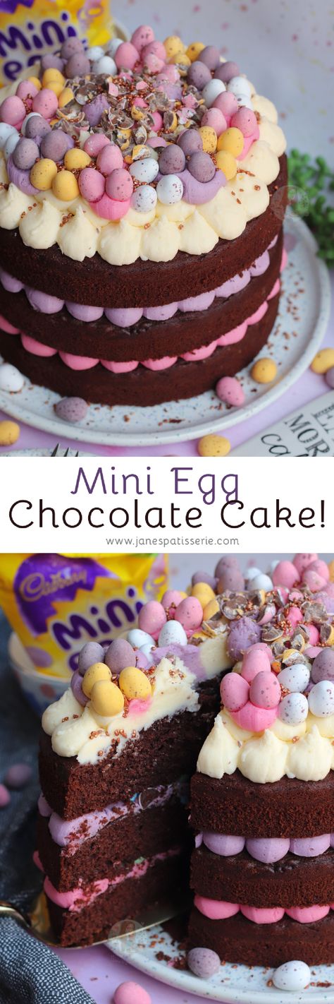 A Three-Layer Mini Egg Chocolate Cake with Pastel Vanilla Buttercream Frosting and Mini Eggs! Perfect Easter Showstopper! Chocolate Easter Cake, Egg Chocolate, Janes Patisserie, Easter Sweets, Mini Egg, Vanilla Buttercream Frosting, Easter Baking, Mini Eggs, Just Cakes