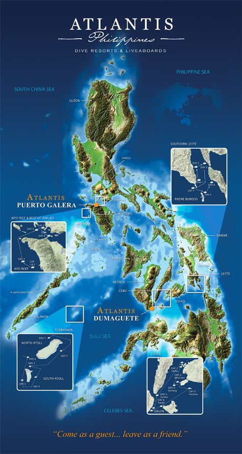 Philippines map with Atlantis Dive Resorts and Liveaboards locations. Fictional Country, Philippine Map, History Of Earth, Fantasy World Map, Dive Resort, Ancient Kingdom, Leyte, South China Sea, Relief Map