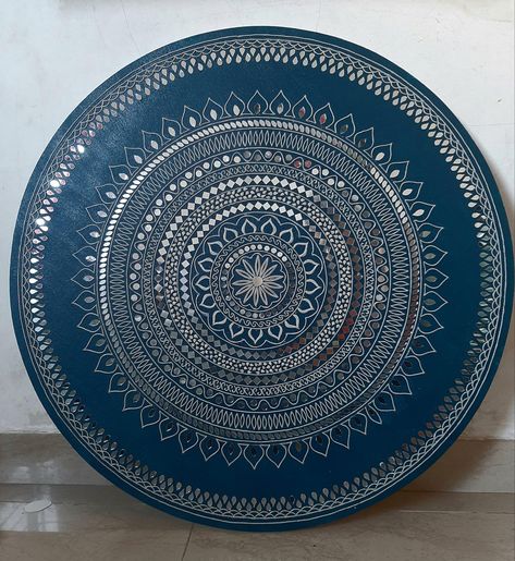 Madhubani With Lippan Art, Mirror Work Mandala Art, Lippan Art Interior, Lippan Wall Hanging, Mirror Mandala Wall Art, Mandala Art On Mdf Board, Blue Lippan Art, Mirror Work Mandala, Mandala Art With Mirror Work