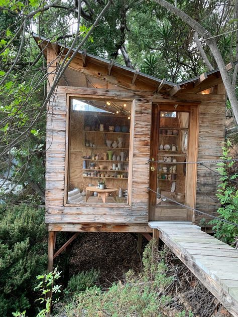 Artist and architect convert backgarden shed into pottery showroom in Los Angeles Converted Shed, Wooden Cabin, Tiny Studio, The Shed, Tiny House Cabin, Cabin In The Woods, Garden Studio, Stilts, Style At Home