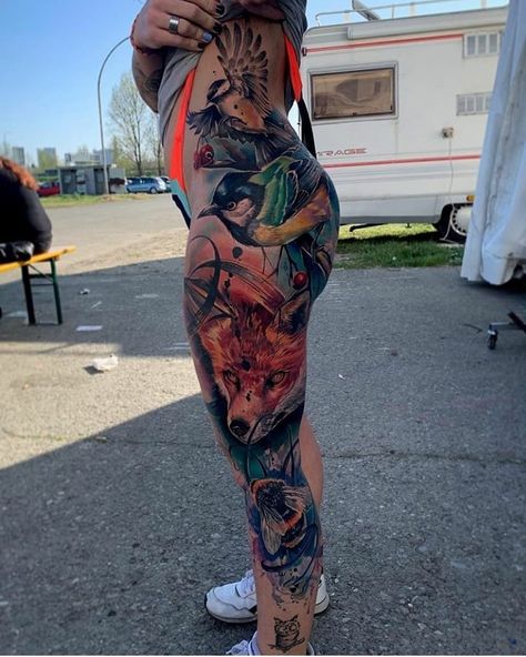 Nature Leg Sleeve Women, Colorful Leg Tattoos For Women, Leg Tattoos Women Color, Animal Leg Tattoos, Colorful Leg Tattoos, Nature Thigh Tattoo, Womens Leg Sleeve, Best Leg Tattoos For Women, Women’s Leg Sleeve