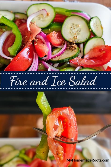 This vintage Southern Fire and Ice Salad is a zesty dish of marinated tomatoes, onions, green peppers, and cucumbers. Serve it as a side dish or enjoy it for lunch on a hot summer day. Fire And Ice Tomato Salad, Zesty Salad, Marinated Cucumbers, Power Salad, Marinated Tomatoes, Summer Eats, Paleo Salads, Catering Options, Veggie Tales