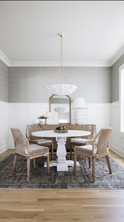 Small Dining Room Wainscoting Ideas, Board And Batten Wall With Wallpaper Dining Room, Tall Wainscoting Dining Room, Textured Wallpaper Dining Room, Wainscoating Dining Area, Wainscoting And Wallpaper Dining Room, Coastal Wainscoting, Wall Papered Dining Room, Dining Room Wainscoting Ideas