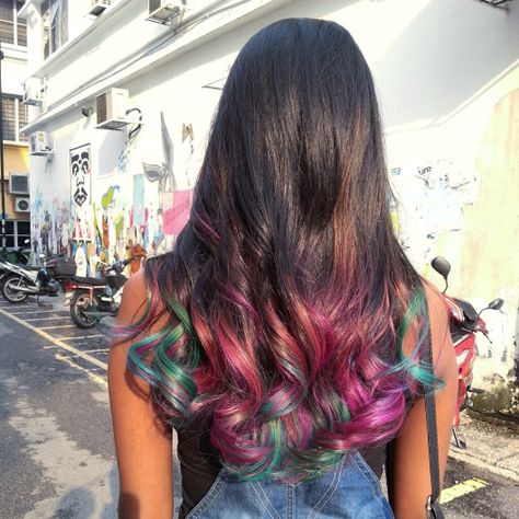 Rainbow-Colored Hair Ends! Rainbow Ends Hair, Ends Hair Color, Colored Hair Ends, Dyed Tips, Korean Hair Color, Colored Hair Tips, Haircut Types, Hair Kids, Girl Haircuts