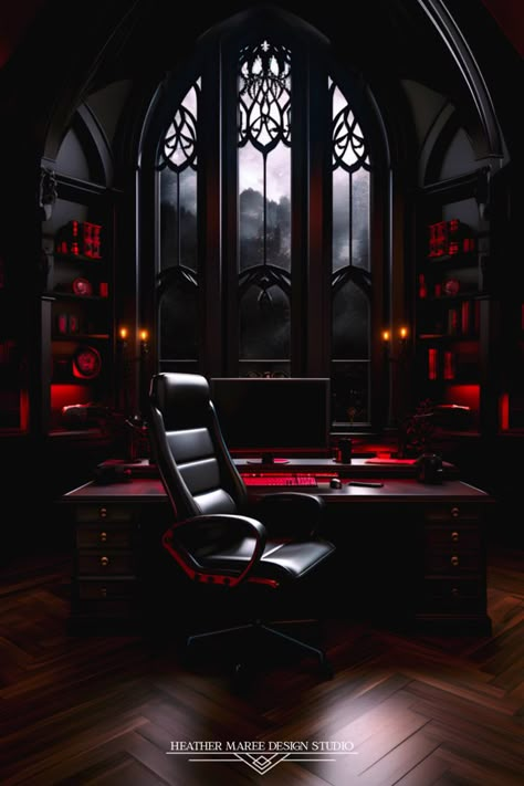 Gothic red and black inspired home office 🖤 Dark Fantasy Interior, Black And Red Bedroom Aesthetic, Gothic Gaming Setup, Red And Black House, Goth Office Decor, Gothic Home Office, Vampire Office, Gothic Office Decor, Maximalist Home Office