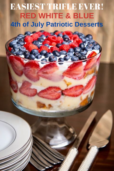 Easiest delicious trifle ever, perfect for patriotic holidays, 4th of July, Memorial Day. Strawberries, blueberries, vanilla pudding, whipped topping make this a true crowd-pleaser. #trifle #redwhiteandblue #partrioticdessert #easydessert #summerdesserts #4thofjuly #july4th #july4th2020 Easy Kid Dessert Recipes, Red White And Blue Trifle, Easy Desserts For Kids, Party Food For Adults, Crescent Roll Cheesecake, 4th Of July Dessert, Blueberry Bundt Cake, Red Desserts, Strawberry Pudding