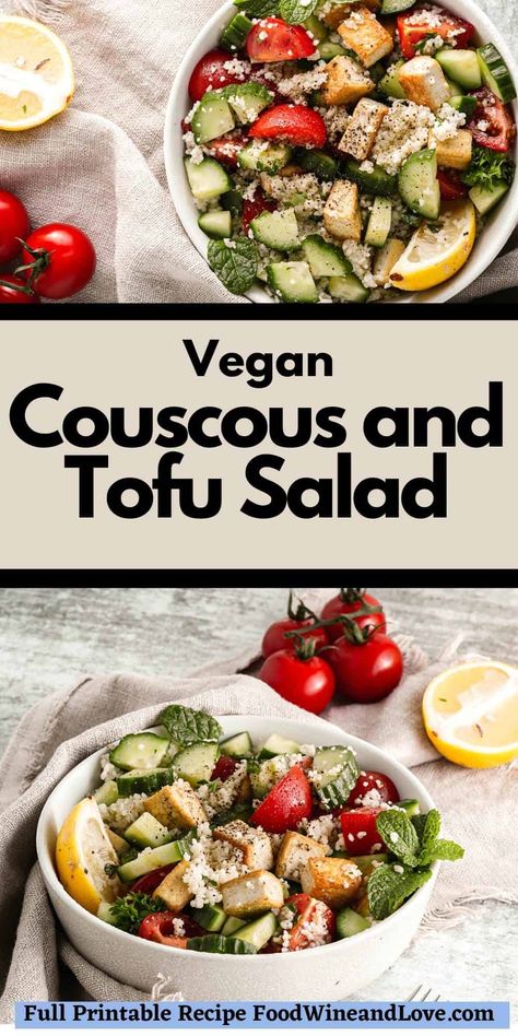 Vegan Couscous and Tofu Salad Couscous Vegan Recipes, Vegetarian Couscous Salad, Vegan Couscous Recipes Easy, Coucous Salad Recipes Feta, Tofu Couscous, Tofu And Couscous, Pearl Couscous Salad, Salad Diet, Tofu Salad