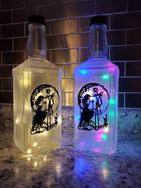 Nightmare before Christmas Bottle Light LED Decor - Jack and Sally - LED LAMP - Wedding - Party by Gr8LakesCrafts on Etsy Halloween Wedding Reception, Nightmare Before Christmas Quotes, Christmas Wedding Themes, Nightmare Before Christmas Wedding, Nightmare Before Christmas Decorations, Halloween Themed Wedding, Halloween Bottles, Bottle Diy, Nightmare Before Christmas Halloween