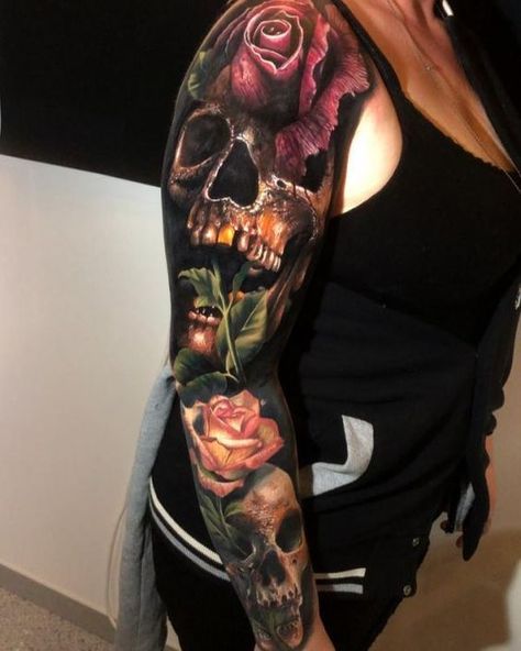 Black Forearm Tattoo, Sugar Skull Tattoos For Women, Mermaid Sleeve Tattoos, A Rose Tattoo, Purple Rose Tattoos, Wörter Tattoos, Rose Tattoo Forearm, Watercolor Rose Tattoos, Rose Tattoo Sleeve