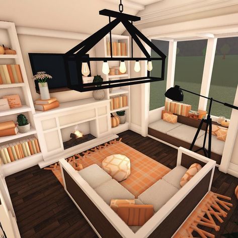 Cute Bloxburg Interior, Tiny Fall Bloxburg House, Bloxburg Halloween House 1 Story, Cute Fall Bloxburg Bedrooms, Small Bloxburg House Ideas Exterior Fall, Blocksburg Fall House Ideas, Bloxburg Decorating Ideas Living Room, Fall Bloxburg Houses One Story, Fall Image Id Bloxburg