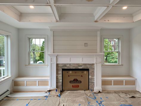 Window Seats Around Fireplace, Fireplace With Window Seats On Each Side, Window Seat Fireplace, Fireplace Bench Seating Built Ins, Fireplace Built Ins With Windows, Mantle With Tv Above, Windows Next To Fireplace, Fireplace Between Windows, Ottawa House